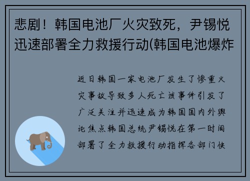 悲剧！韩国电池厂火灾致死，尹锡悦迅速部署全力救援行动(韩国电池爆炸)