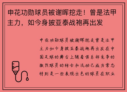 申花功勋球员被谢晖挖走！曾是法甲主力，如今身披亚泰战袍再出发