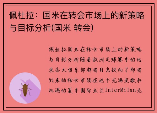佩杜拉：国米在转会市场上的新策略与目标分析(国米 转会)